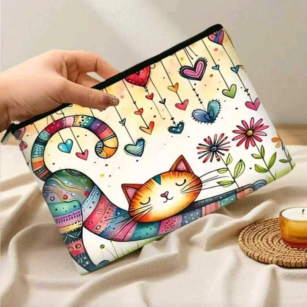 Boho Colorful Cat And Hearts Print Zipper Pouch Purse